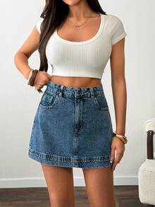 SHEIN Woman High Waist Denim Mini Casual Washed Blue Skirt Button Front - Medium Wash - View 3
