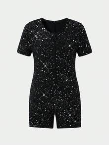SHEIN 女童圆领短袖黑色亮面连体裤 - 彩色 - 查看 3