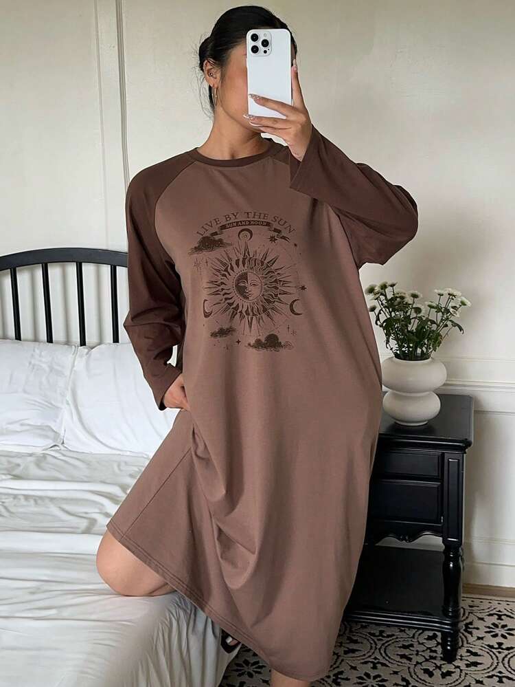 Dazy Plus Printed Pattern Contrast Color Raglan Sleeve Loose Plus Size Women Spring/Summer Long Nightgown