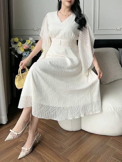 Dazy Plus Plus Size Elegant V-Neck Cinched Waist Textured Flare Sleeve Dress, Summer