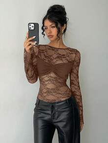 Aloruh Bodysuit Tanpa Punggung Seksi Berenda Hitam Polos Terbaru untuk Wanita Musim Gugur/Dingin - Coklat - View 6