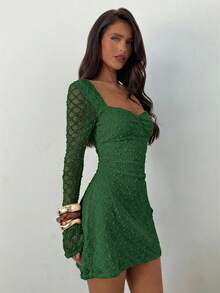 Aloruh Women's Elegant Square Neck Ruched Flare Sleeve Fitted A-Line Mini Dress, Textured Fabric - Green - View 4