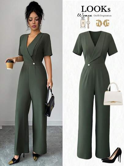 SHEIN Elenzya Women's Minimalist Solid Color Crossed Collar Short Sleeve Jumpsuit, Suitable For Commuting, Summer