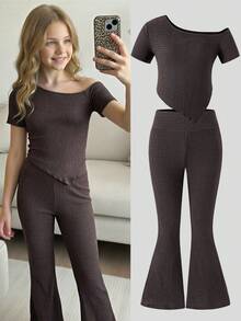 Tween Girls' Spring/Summer Vacation Casual Elegant Asymmetric Off Shoulder Top And Fitted Flare Pants Knit Texture T-Shirt Set - Brown - View 5