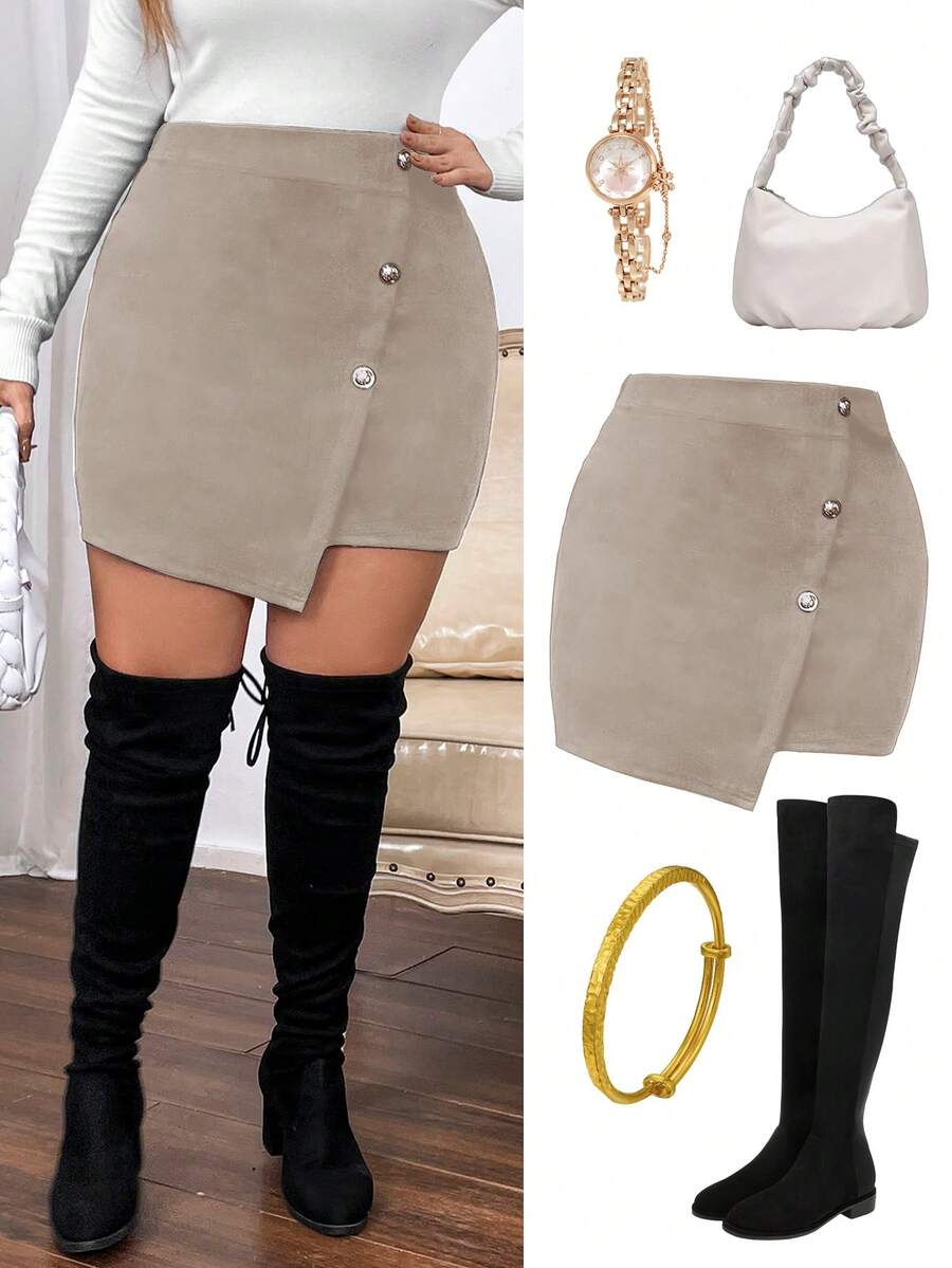 Vionelle Casual Plus Size Mini Bodycon Skirt Apricot Woven Fabric With Stylish Button Front Design - Apricot - View 1