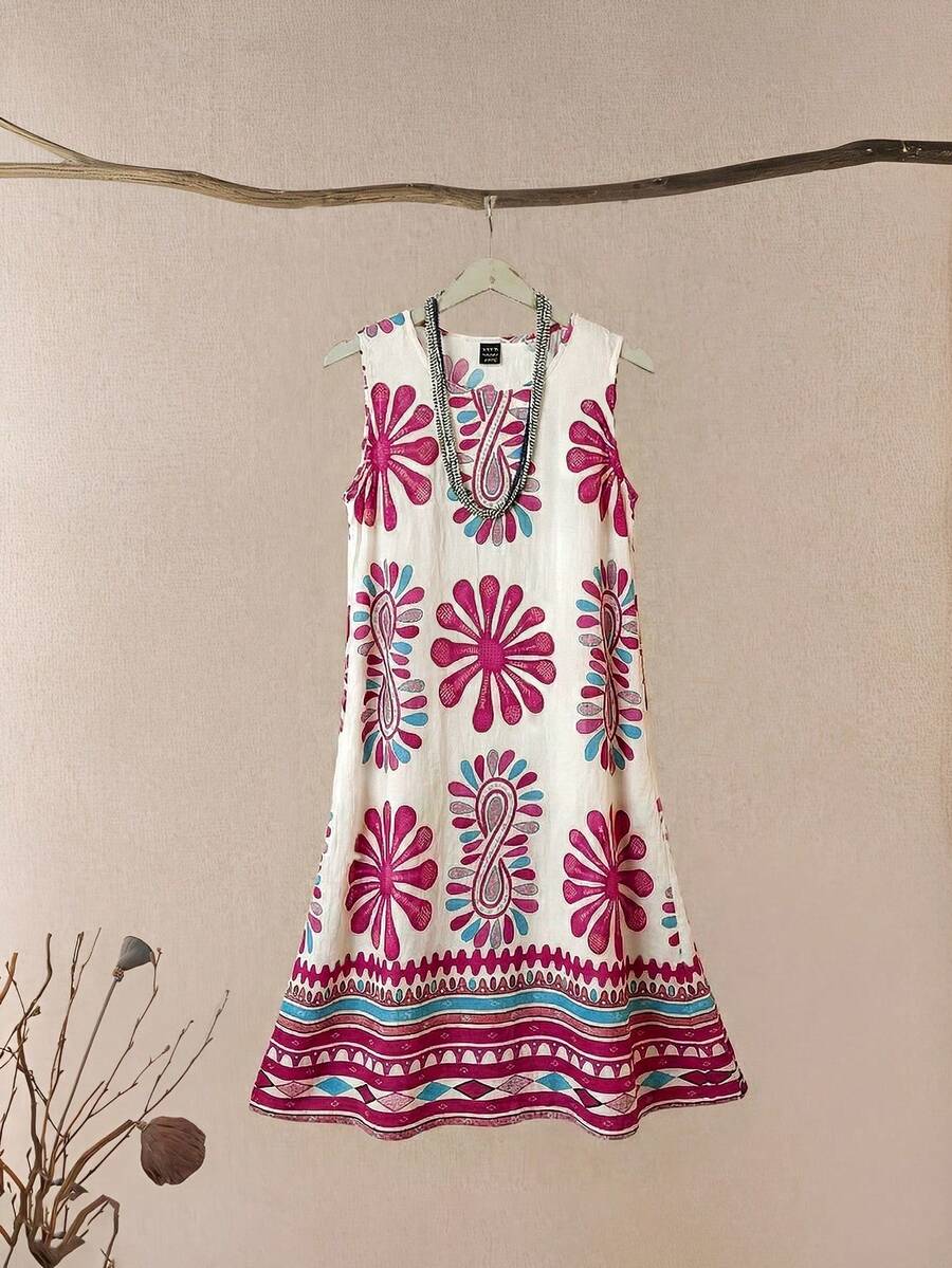 Rusticease 女士休闲印花迷你连衣裙，适合度假 - 粉色 - 查看 1