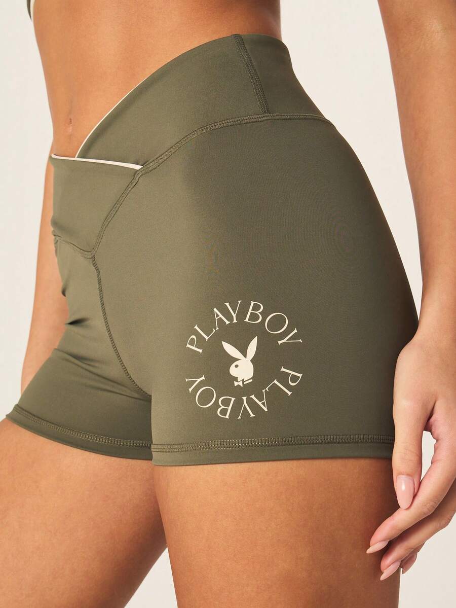 Missguided x Playboy High Waisted Cycling Active Shorts With Logo Print And Contrast Trim Detail For Performance Training And Athletic Wear - Green - View 1