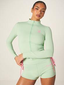 Missguided x Playboy Contrast Tie Ruched Active Zip Up Jacket With Long Sleeves And High Neck For Casual Wear And Athletic Activities - Mint Green - View 5