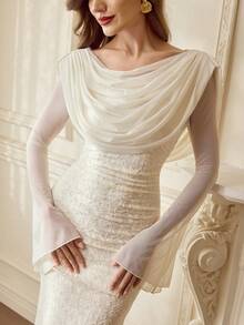 Vintamour 复古优雅女士花卉提花针织网纱垂褶领喇叭袖褶皱假日派对连衣裙修身美人鱼下摆夏季连衣裙女士夏季度假装扮女士春季服装女士春季连衣裙女士春假装扮情人节情人节连衣裙优雅派对连衣裙女士优雅派对连衣裙派对服装婚礼宾客连衣裙女士婚礼派对连衣裙优雅女士连衣裙优雅长裙 - 杏色 - 查看 2