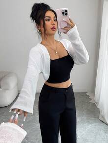 SHEIN Elenzya Chaqueta corta ligera de manga larga con hombros caídos y unicolor para mujer - Blanco - Ver 1