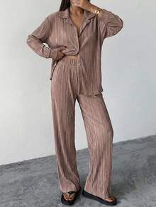 EURMUSE Lapel Neck Drop Shoulder Shirt & Pants - Dusty Pink - View 5