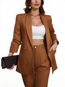 Aveloria Modichic Áo blazer cổ ve lật màu trơn, kiểu dáng thường ngày, thích hợp cho mùa xuân/thu. - Cà phê nâu - Xem 1