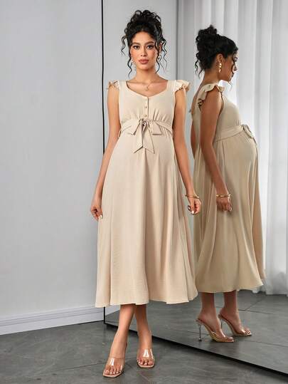 Momance Pregnant Women Solid Color Waist Tie Ruched Casual Party Daily Wear Flare Sleeve Dress