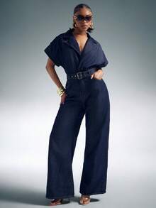 Denimoi Wide Leg Short Sleeve Collared Denim Jumpsuit Fashionable Denim Brunch Outfits Wide Leg Denim - Dark Wash - View 3