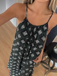 DAZY Vacation Style Pattern All-Over Print Sleeveless Long Women Nightgown - Black - View 6