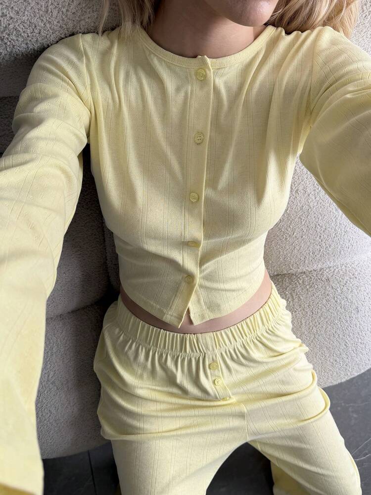 Women's Solid Color Long Sleeve Top And Long Pants 2 Pieces Set