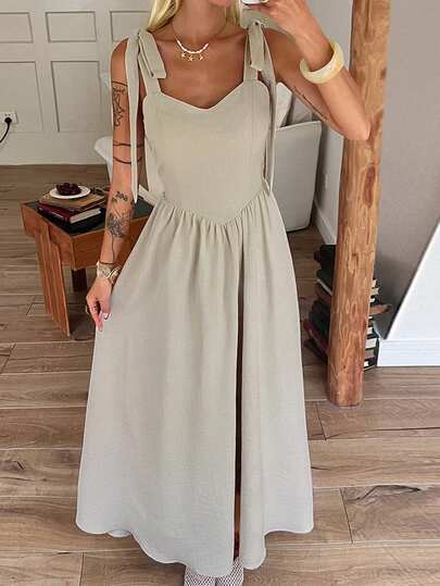 Livesso 女士纯色打结露肩休闲连衣裙