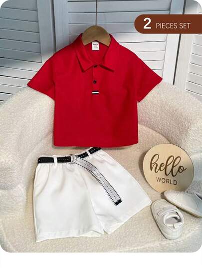 2件套男婴舒适休闲百搭日常时尚简约学院风红色立领短袖T恤、Polo衫、针织衫、白色短裤、长裤和腰带多件套，适合春夏季室内外、日常生活、运动、玩耍、派对、拍照、度假、节日、婚礼、满月庆典、洗礼、一周岁生日庆典、婴儿派对等场合。