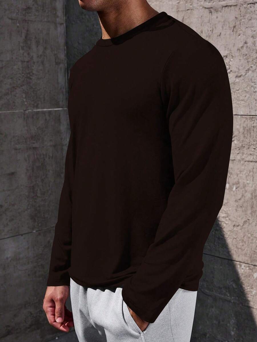 Manfinity Homme Men's Solid Color Round Neck Casual Versatile Long Sleeve T-Shirt, Spring/Summer - Coffee Brown - View 1