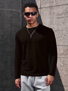 Manfinity Homme Men's Solid Color Round Neck Casual Versatile Long Sleeve T-Shirt, Spring/Summer - Coffee Brown - View 3