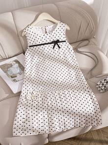 ChillGRL Tween Girls' Sweet Polka Dot & Bowknot Decor Sleeveless Ruffle Hem Casual Vacation Dress - Apricot - View 4