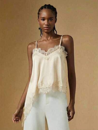 Briarwyn Blusa suelta con tirantes finos, borde de encaje y bajo asimétrico de unicolor para mujer