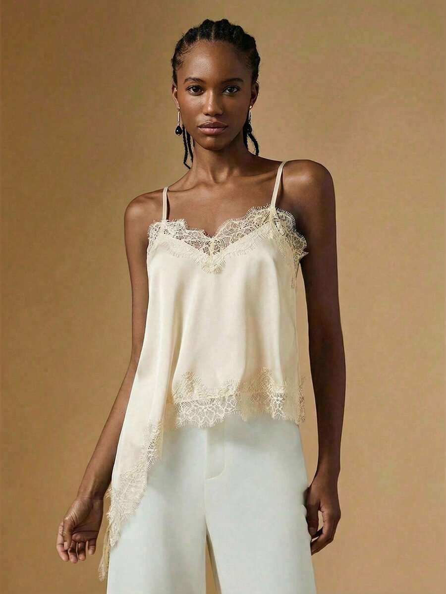 Briarwyn 女士纯色吊带蕾丝边不对称下摆宽松衬衫 - 杏色 - 查看 1