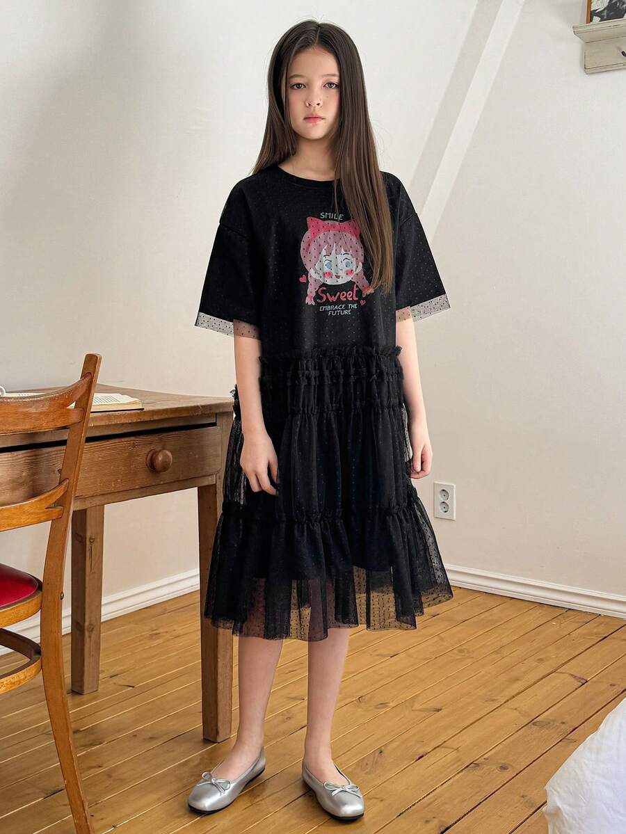 DAZY Tween Girls' Casual Cartoon Print Mesh Patchwork Summer Dress - Black - View 1