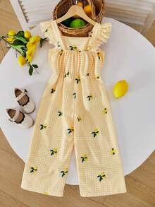 Young Girl' Lemon Plaid Print Romper With Flutter Sleeves, Cute Casual Outfit For Summer Outings And Vacation - Yellow - View 2