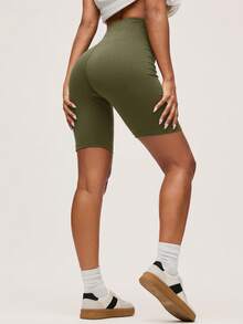 SHEIN BASICS 1件式運動單車短褲 高腰女款單車短褲 騎行短褲 女款運動短褲 - 軍綠色 - 查看 3