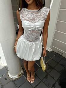 Aloruh Women's Backless Contrast Lace Solid White Dress, Sexy For Wedding, Vacation, Date - White - View 3