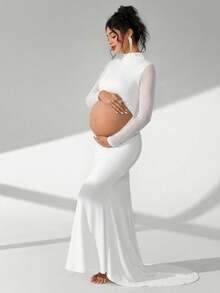 Cheriluna Maternity 孕妇摄影礼服，长袖立领，腰部镂空，露背，鱼尾下摆，及地长裙 - 白色 - 查看 6