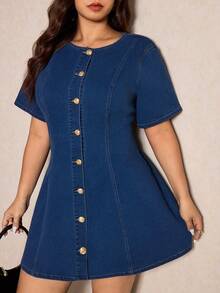 Elaquor Đầm denim dáng rộng tay ngắn cổ tròn cài một hàng khuy dành cho nữ cỡ lớn - Rửa trung bình - Xem 6