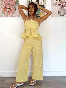 SHEIN 2pcs/Set Tween GirlsYellow Textured Camisole Ruffle Hem Cropped Top + Flowy Wide Leg Pants, Elegant Date/Commute Outfit, Fashionable Street Style, Suitable For Daily Wear - Yellow - View 4