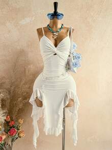 Soleia 女士度假纯色扭结设计不对称下摆吊带中长连衣裙 - 白色 - 查看 9