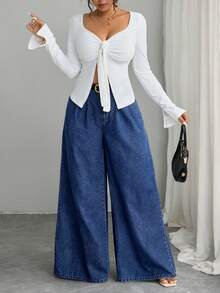 SHEIN EZwear 女士休闲褶皱宽松阔腿牛仔裤，适合日常通勤 - 深色水洗藍 - 查看 5