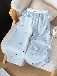 Genkimix Kids Quần ống rộng dáng casual cho bé gái, họa tiết sọc, cạp chun in nơ, gấu quần xếp ly tương phản, màu trắng. - Nhiều màu - Xem 1
