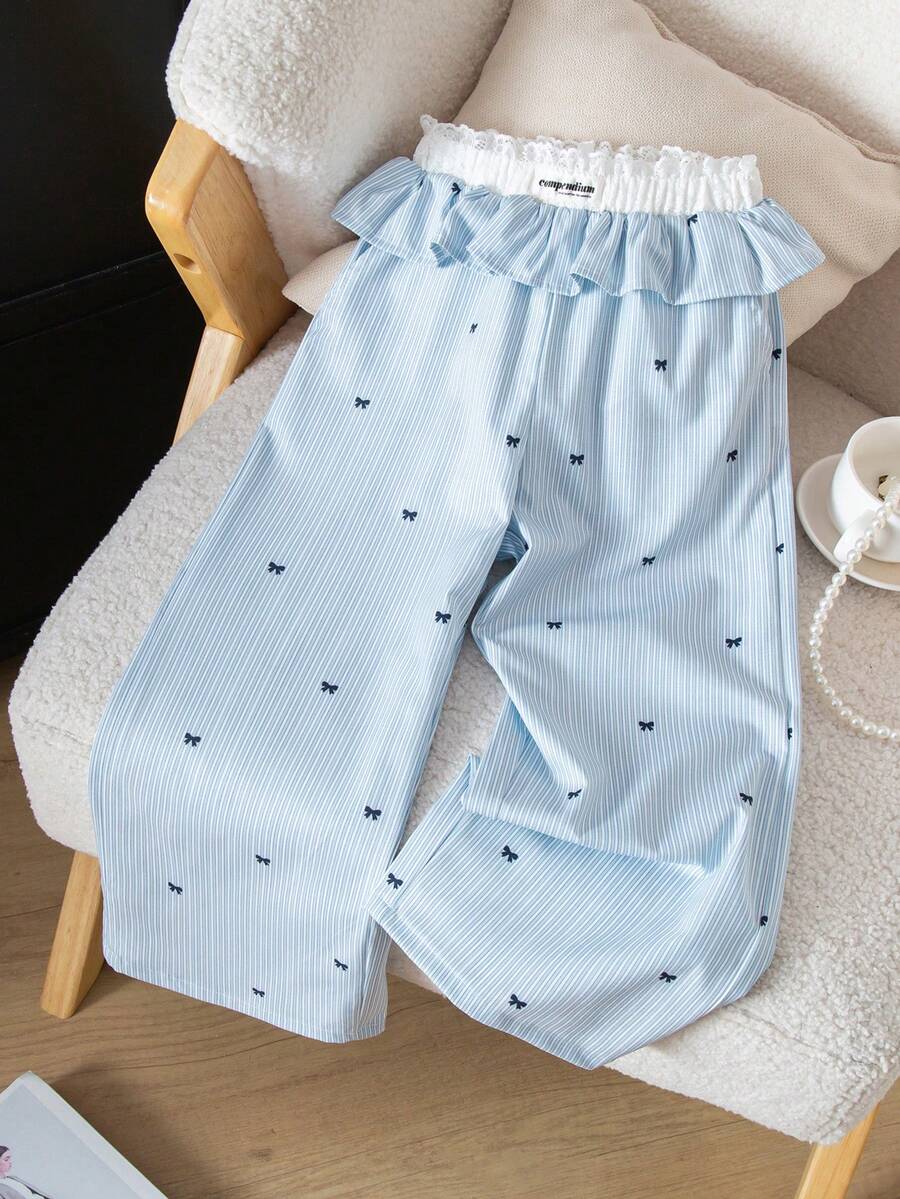 Genkimix Kids Quần ống rộng dáng casual cho bé gái, họa tiết sọc, cạp chun in nơ, gấu quần xếp ly tương phản, màu trắng. - Nhiều màu - Xem 1