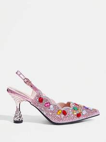 CUCCOO TILAWA Fashionable High Heels Designed For Women, Elegant Pointed Toe Style, Sexy Stiletto Heel Suitable For All Seasons, Shallow Backless With Rhinestone Decor Suitable For Various Stylish Outfits - Pink - View 2