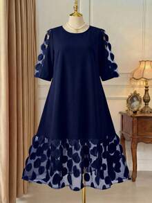 Rometta Plus Size Women Summer Elegant Mesh Patchwork Dress - Navy Blue - View 3