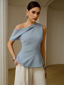 ZEYLAH 女士优雅纯色不对称领口贴身上衣 - 藍色 - 查看 4