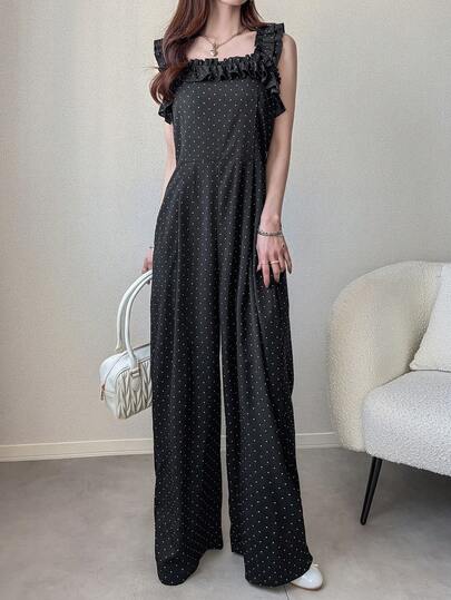 FRIFUL Women's Polka Dot Ruffle Pleated Casual Jumpsuit, Suitable For Daily, Vacation And Travel