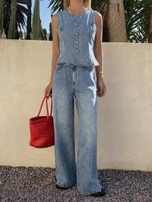 Livesso 春夏宽松休闲度假风蓝色圆领背心和阔腿牛仔裤 Old Money 女士牛仔套装 - 藍色 - 查看 9