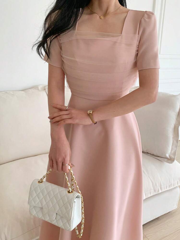 Women's Square Neck Waist Cinched Mesh Patchwork Mid-Length Dress Summer