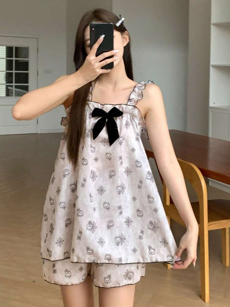 DAZY 2pcs/Set Cute Bear Pattern Sleeveless Camisole Top And Shorts Women Summer Pajama Set - Apricot - View 6