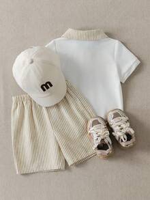 PrepCrw Baby Boys Preppy Bear Pattern Polo Shirt And Striped Shorts Set - Khaki - View 2