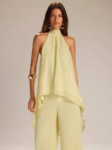 SHEIN BAE Spring/Summer Solid Yellow Halter Neck Sheer Asymmetrical Sleeveless Tank Top & Linen Wide Leg Pants, Casual 2-Piece Set Minimalist 2-Piece Set - Yellow - View 5