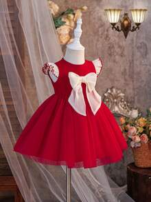 SHEIN Baby Girl Woven Bow Mesh Cap Sleeve Dress, Suitable For Christmas Party, Gatherings And Other Occasions - Multicolor - View 6