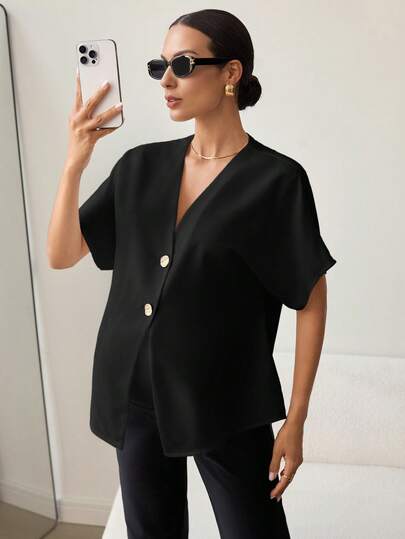 MaterniWear Summer Outfits Maternity Work Clothes Maternity Work Outfits   Maternity Work Tops Elegant Maternity Tops Maternity Black Metal Button Color-Blocked Top For Commuting And Going Out  Maternity Solid Color Minimalist Casual Short Sleeve Shirt,Old Money Style Black Blouses For Women Business Casual Tops Women Work Tops Solid Color Tops Asymmetrical Blouse Black Blouses For Women Elegant Black Tops Elegant Tops For Women Elegant Business Casual Tops Woman Black Shirt Women Blouse For Women Ladies Elegant Tops Casual Modern Top Office Top For Women Blouse For Women Casual Modern Tops For Women Elegant Classy Womens Work Tops Business Casual Women Tops Womens Tops And Blouses Work Blouses Work Attire Women Work Clothes Women Blouses For Work Women Casual Outfits Womens Shirts For Summer Work From Home Outfits