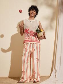 Felipe Marques Chaleco holgado de punto con estampado floral y color contrastante para hombre, casual para otoño, invierno, primavera, vacaciones, fiesta en la playa, resort de isla - Albaricoque - Ver 7